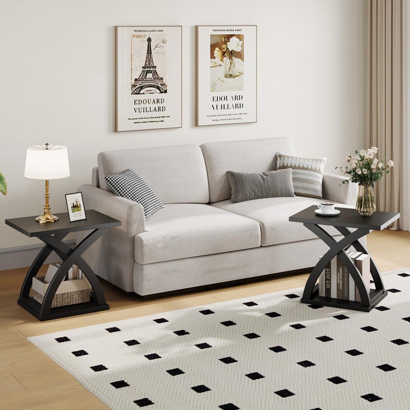 ChooChoo End Side Table, Modern End Table with Storage Shelf, X-Design Side Table Living Room (Black) - Image 5
