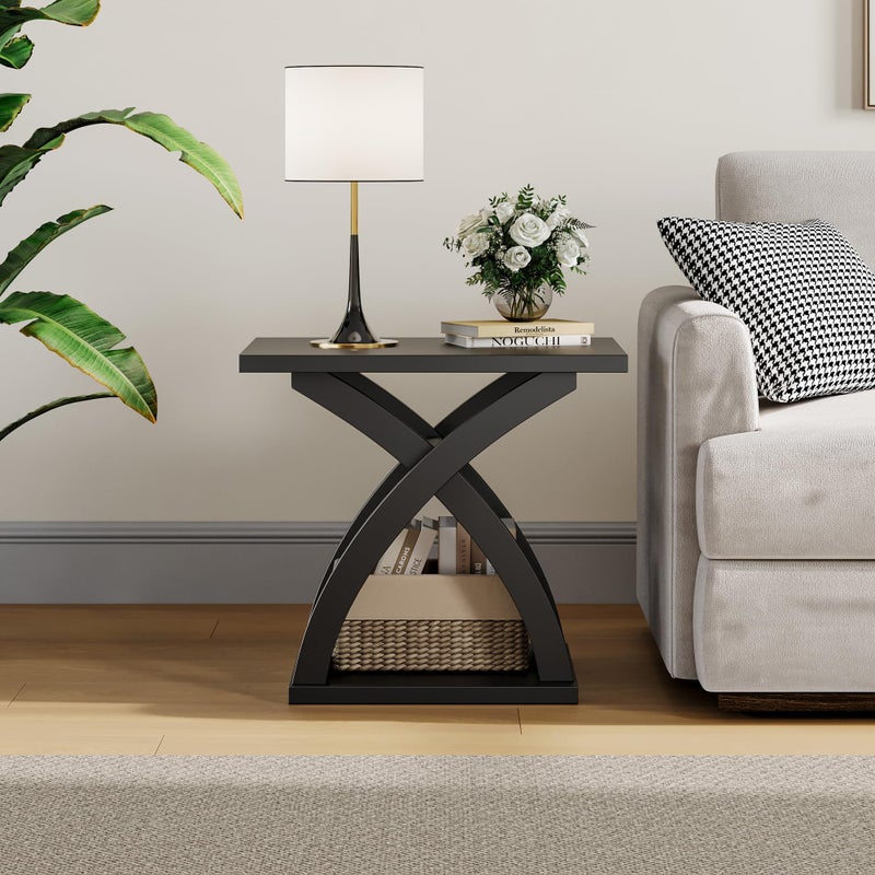 ChooChoo End Side Table, Modern End Table with Storage Shelf, X-Design Side Table Living Room (Black) - Image 3