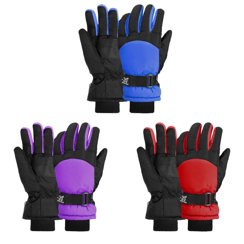 LYDTICK 3 Pairs Kids Winter Gloves Waterproof Snow Ski Gloves for Boys Girls Toddler Outdoor Warm Snowboard Mittens, Color B, 6-10 Years - Image 1