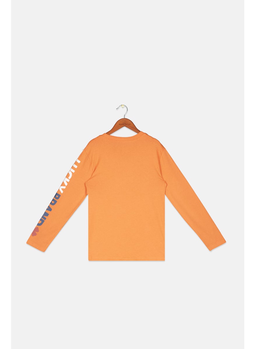 LUCKY BRAND - Kids Boy Crew Neck Long Sleeves Graphic Print T-Shirt, Orange - Image 1
