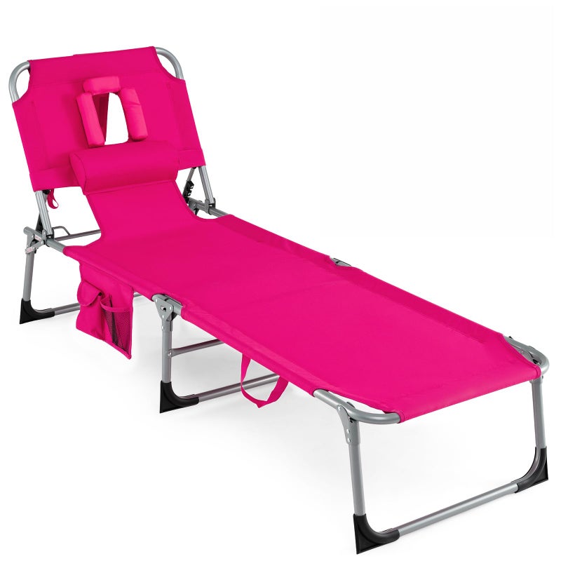 COSTWAY Tanning Chair with Face Hole, Folding Beach Lounge Chair with 4-Position Adjustable Backrest, Pillow & Side Pocket, Foldable Chaise Lounge Chair Outdoor for Sunbathing, Camping (1, Pink) - Image 1