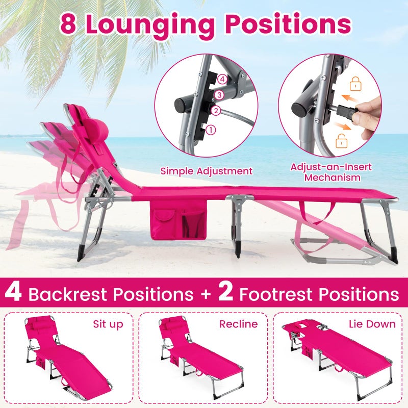 COSTWAY Tanning Chair with Face Hole, Folding Beach Lounge Chair with 4-Position Adjustable Backrest, Pillow & Side Pocket, Foldable Chaise Lounge Chair Outdoor for Sunbathing, Camping (1, Pink) - Image 4