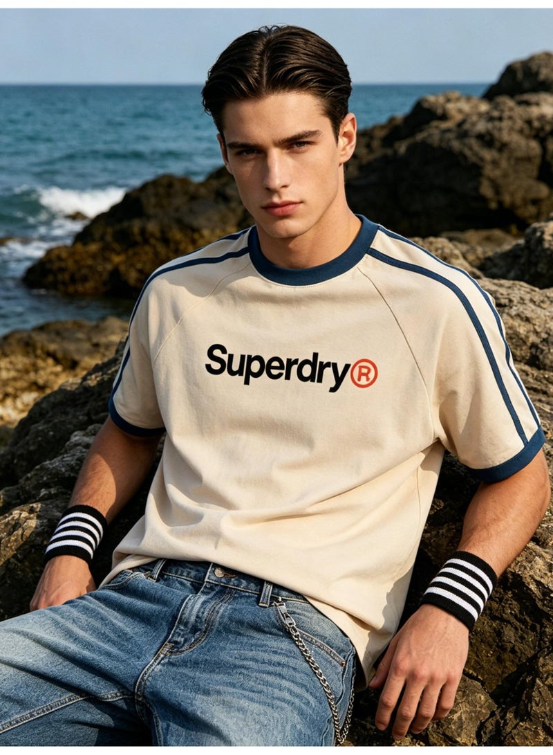 Superdry American raglan striped short-sleeved T-shirt for men and women with loose casual sports couple tops - Image 1