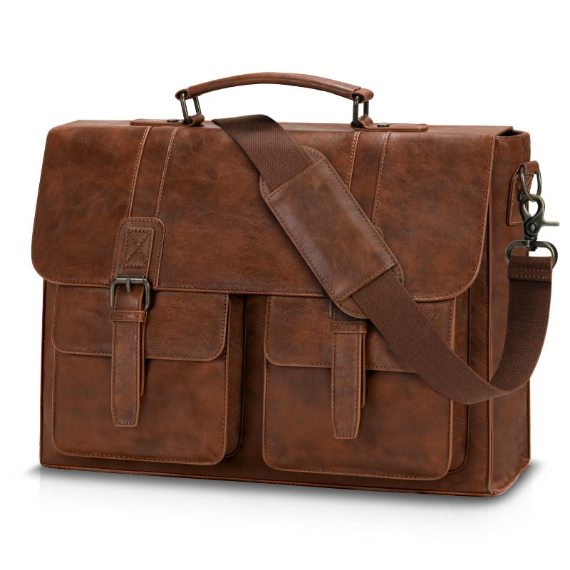 RAINSMORE Leather Messenger Bag for Men 15.6 Inch Vintage Laptop Bag Waterproof Briefcases for Men Computer Shoulder Bag Satchel for Work, Office, College, Business, Brown - Image 1