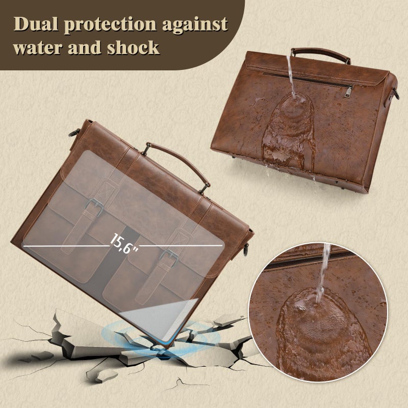 RAINSMORE Leather Messenger Bag for Men 15.6 Inch Vintage Laptop Bag Waterproof Briefcases for Men Computer Shoulder Bag Satchel for Work, Office, College, Business, Brown - Image 3
