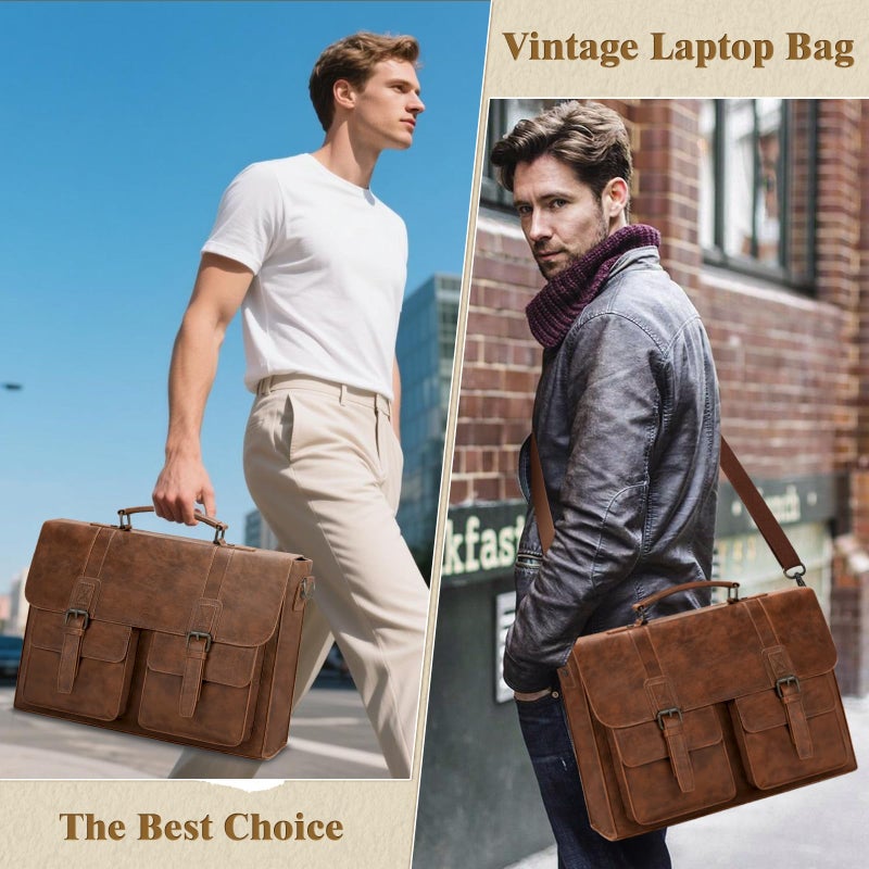 RAINSMORE Leather Messenger Bag for Men 15.6 Inch Vintage Laptop Bag Waterproof Briefcases for Men Computer Shoulder Bag Satchel for Work, Office, College, Business, Brown - Image 2