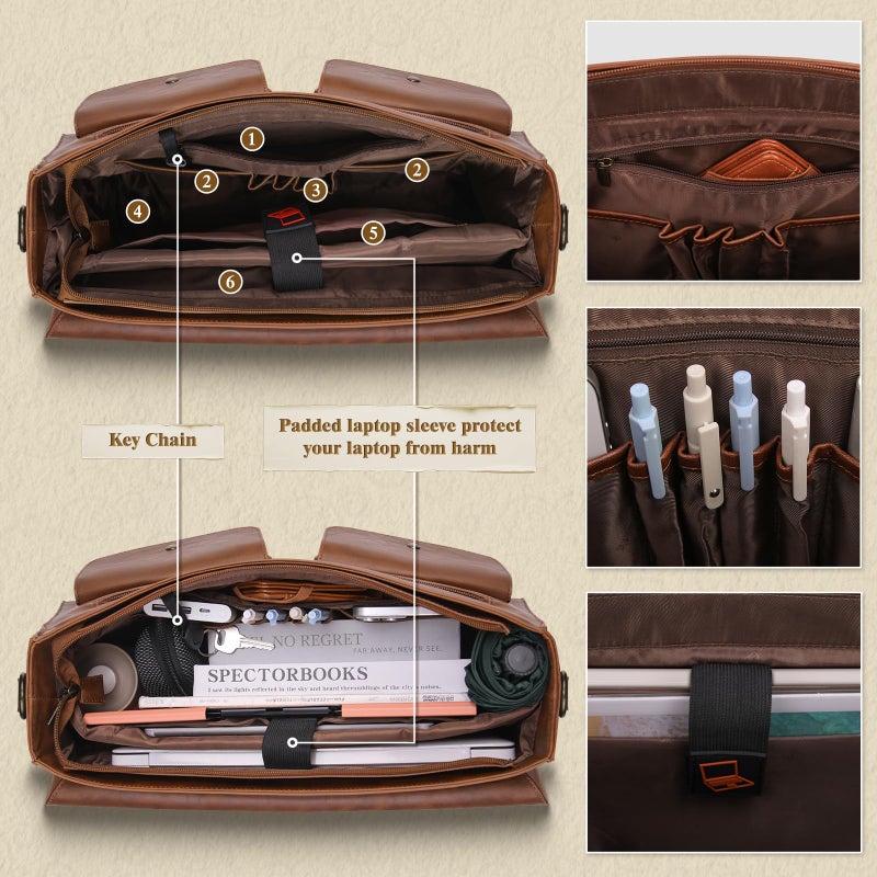 RAINSMORE Leather Messenger Bag for Men 15.6 Inch Vintage Laptop Bag Waterproof Briefcases for Men Computer Shoulder Bag Satchel for Work, Office, College, Business, Brown - Image 4