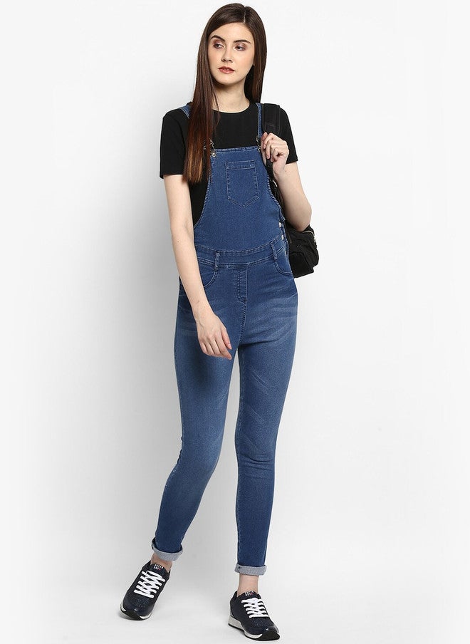 StyleStone Women's Blue Stretchable Denim Washed Effect Dungarees - Image 5