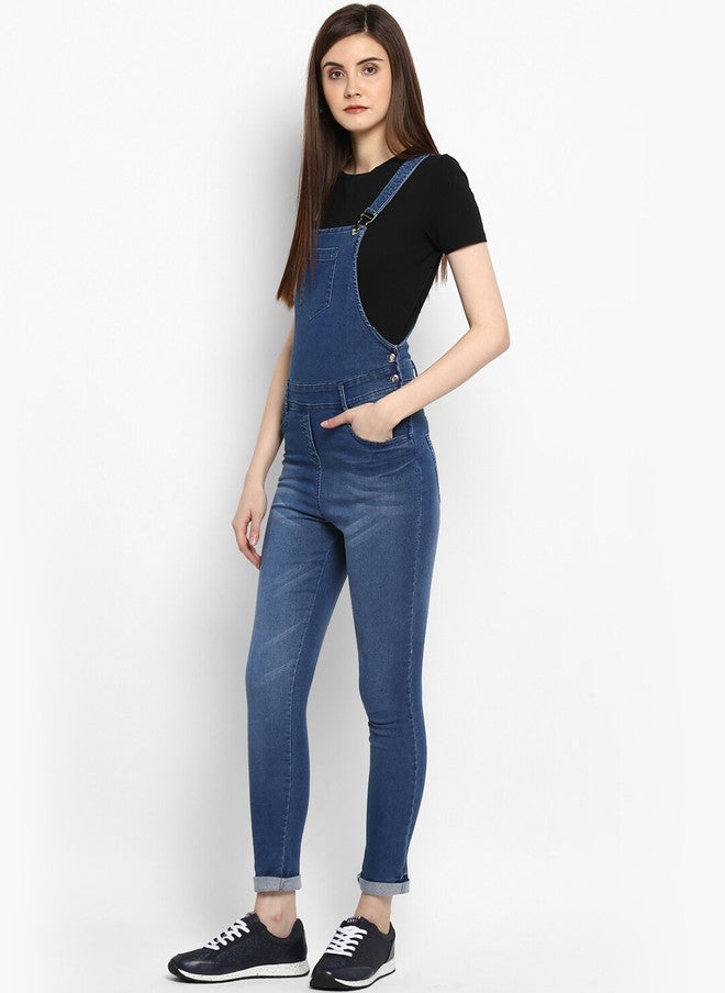 StyleStone Women's Blue Stretchable Denim Washed Effect Dungarees - Image 3