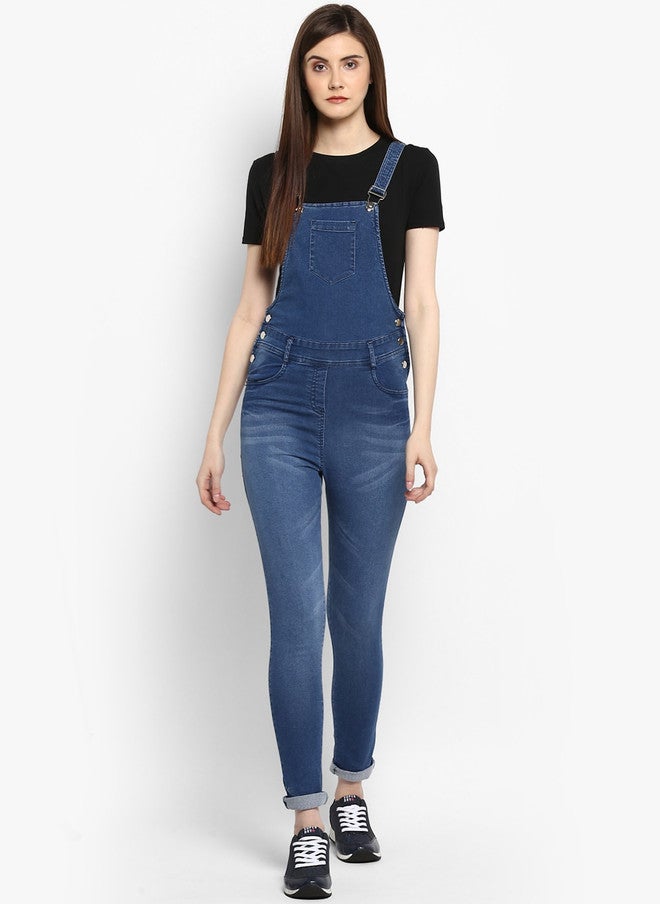 StyleStone Women's Blue Stretchable Denim Washed Effect Dungarees - Image 1