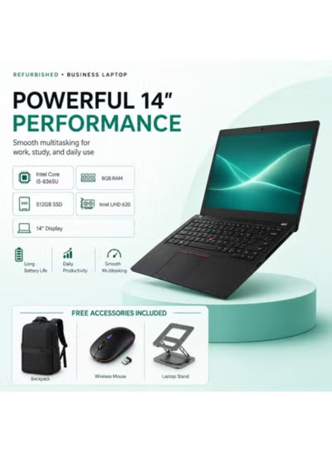 لابتوب أعمال نحيف ومتطور ومعالج Intel Core i5، ذاكرة 8 جيجابايت، هارد 512 جيجابايت SSD، كارت شاشة مدمج، مع باقة إكسسوارات متكاملة (حامل مريح، ماوس، وشنطة حماية) - Image 2