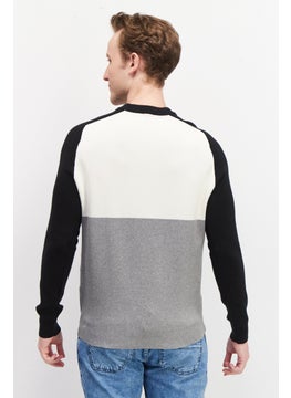 Celio Men Crew Neck Long Sleeve Colorblock Sweater, Grey/Black/Off White  - Image 3