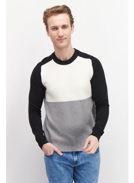 Celio Men Crew Neck Long Sleeve Colorblock Sweater, Grey/Black/Off White  - Image 1