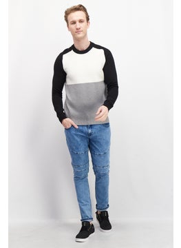 Celio Men Crew Neck Long Sleeve Colorblock Sweater, Grey/Black/Off White  - Image 2