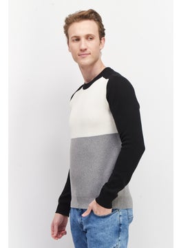 Celio Men Crew Neck Long Sleeve Colorblock Sweater, Grey/Black/Off White  - Image 4