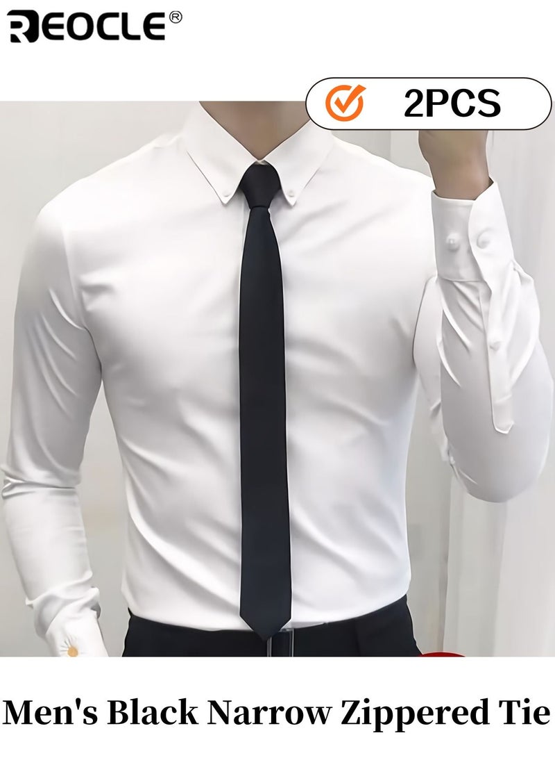 REOCLE Men's Black Narrow Zippered Tie with Adjustable Lazy - Loosen Design Easy - Adjust No - Tie Hassle High - Quality Fabric Suitable for Business Casual and Formal Wear Versatile Accessory for Men Gentlemen - Image 1