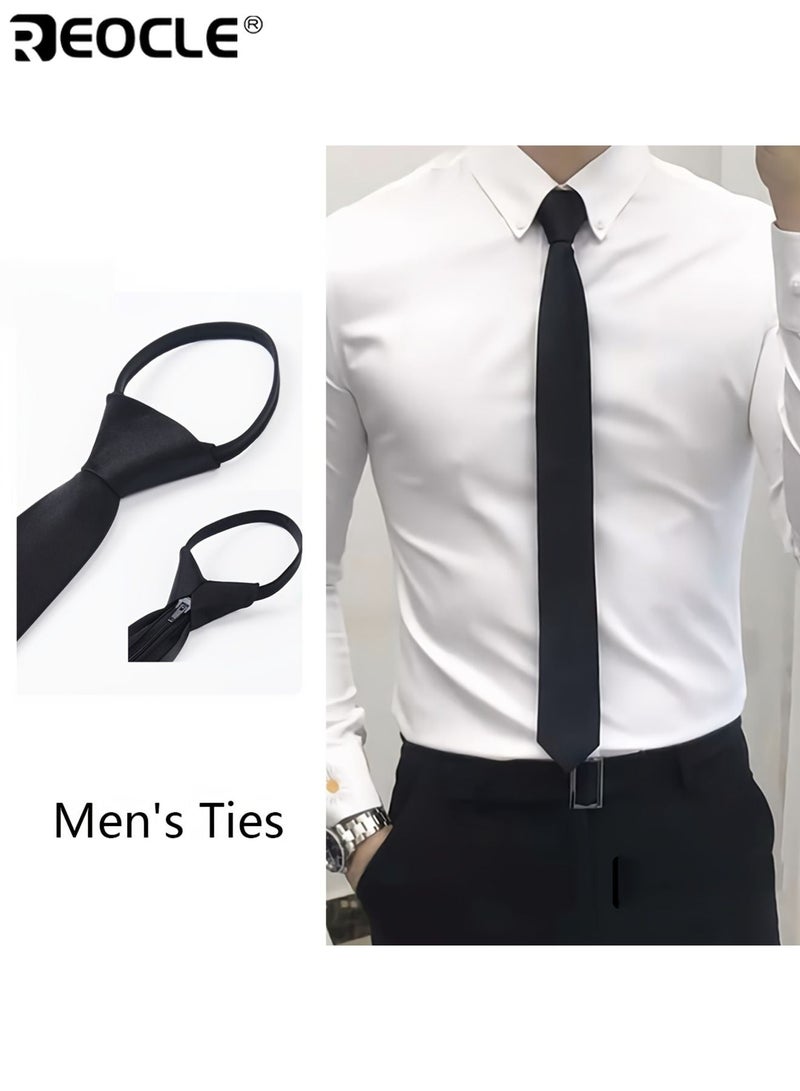 REOCLE Men's Black Narrow Zippered Tie with Adjustable Lazy - Loosen Design Easy - Adjust No - Tie Hassle High - Quality Fabric Suitable for Business Casual and Formal Wear Versatile Accessory for Men Gentlemen - Image 2
