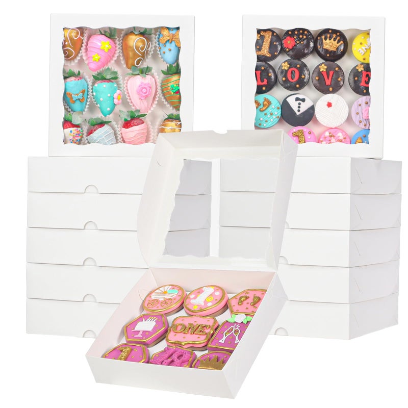 TEMLQPACK 50pcs 8x8x2 Inch White Bakery Boxes with Window - Perfect for Cookies, Chocolate Covered Strawberries, Pretzels, Cakesicles & More - Image 1