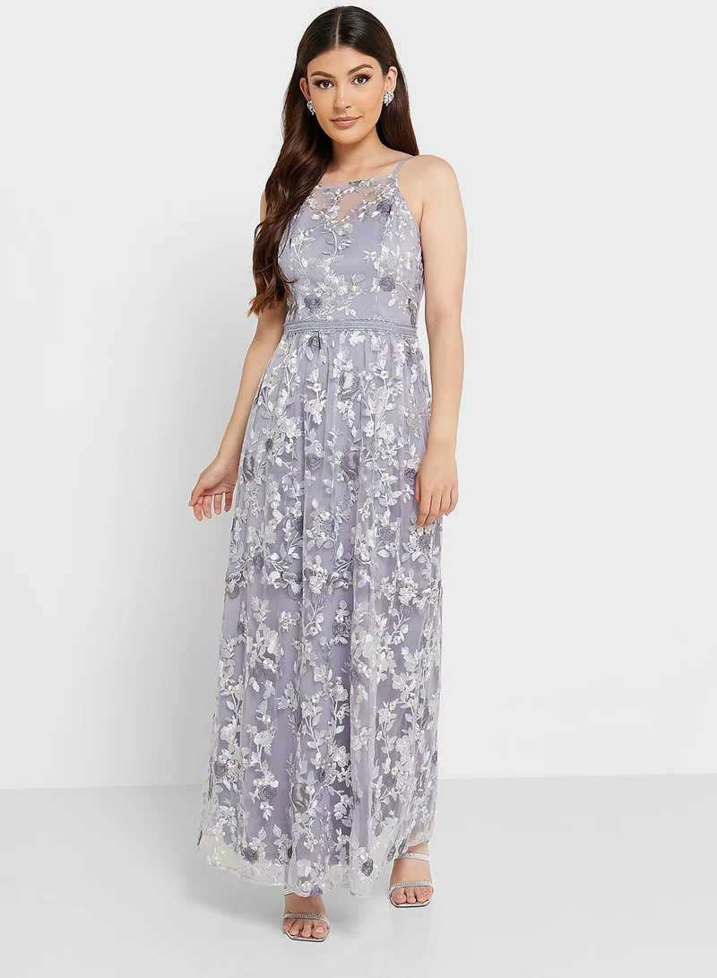 Chi Chi London Petite Embroidered Ruched Waist Floral Dress