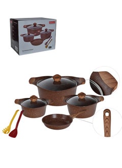 PROCILA 9-Piece Aluminum Cookware Set Dark Red With Tempered Glass Lid, Soft Touch Wooden Handles, Non-Stick & Granite Coating; Casserole Sizes 20,24,28CM; Frypan Size 24CM; 2PCS Spoons  - Image 2