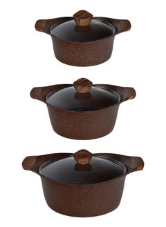 PROCILA 9-Piece Aluminum Cookware Set Dark Red With Tempered Glass Lid, Soft Touch Wooden Handles, Non-Stick & Granite Coating; Casserole Sizes 20,24,28CM; Frypan Size 24CM; 2PCS Spoons  - Image 3