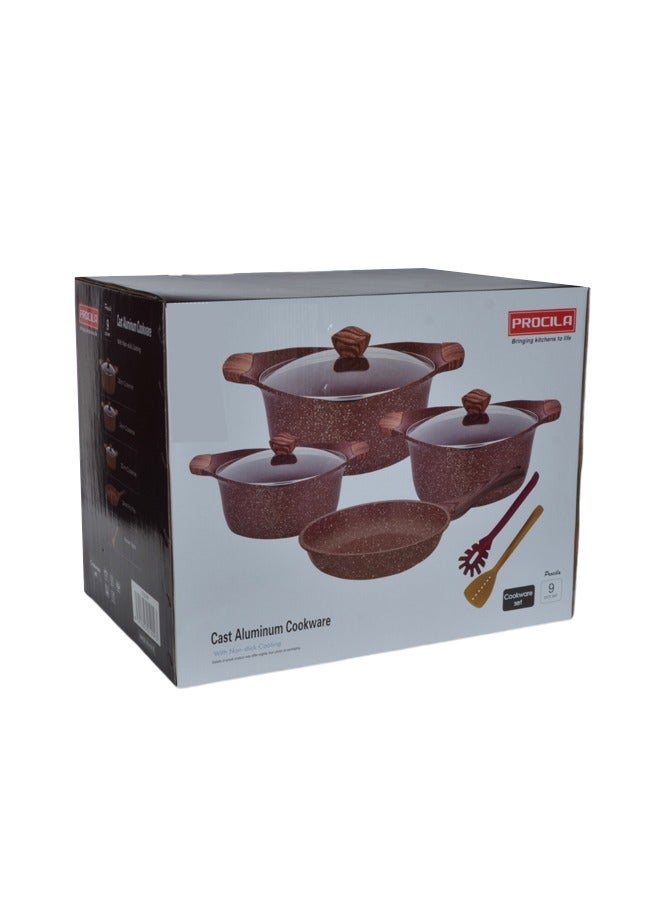 9-Piece Aluminum Cookware Set Dark Red With Tempered Glass Lid, Soft Touch Wooden Handles, Non-Stick & Granite Coating; Casserole Sizes 20,24,28CM; Frypan Size 24CM; 2PCS Spoons