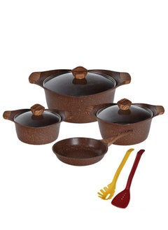 PROCILA 9-Piece Aluminum Cookware Set Dark Red With Tempered Glass Lid, Soft Touch Wooden Handles, Non-Stick & Granite Coating; Casserole Sizes 20,24,28CM; Frypan Size 24CM; 2PCS Spoons  - Image 1