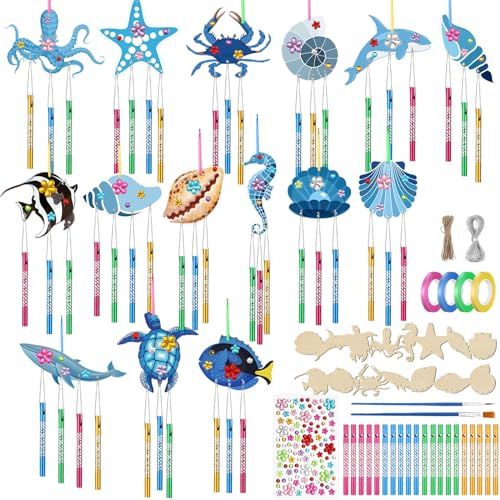 Anglechic 128 Pcs Summer Ocean Wind Chime Making Kit Make Your Own Sea Animals Wind Chime Wooden Ocean Animals Arts Ornaments for DIY Crafts Activity Birthday Summer Party Decoration - Image 1
