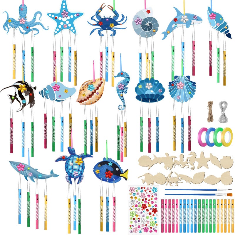 Anglechic 128 Pcs Summer Ocean Wind Chime Making Kit Make Your Own Sea Animals Wind Chime Wooden Ocean Animals Arts Ornaments for DIY Crafts Activity Birthday Summer Party Decoration - Image 2