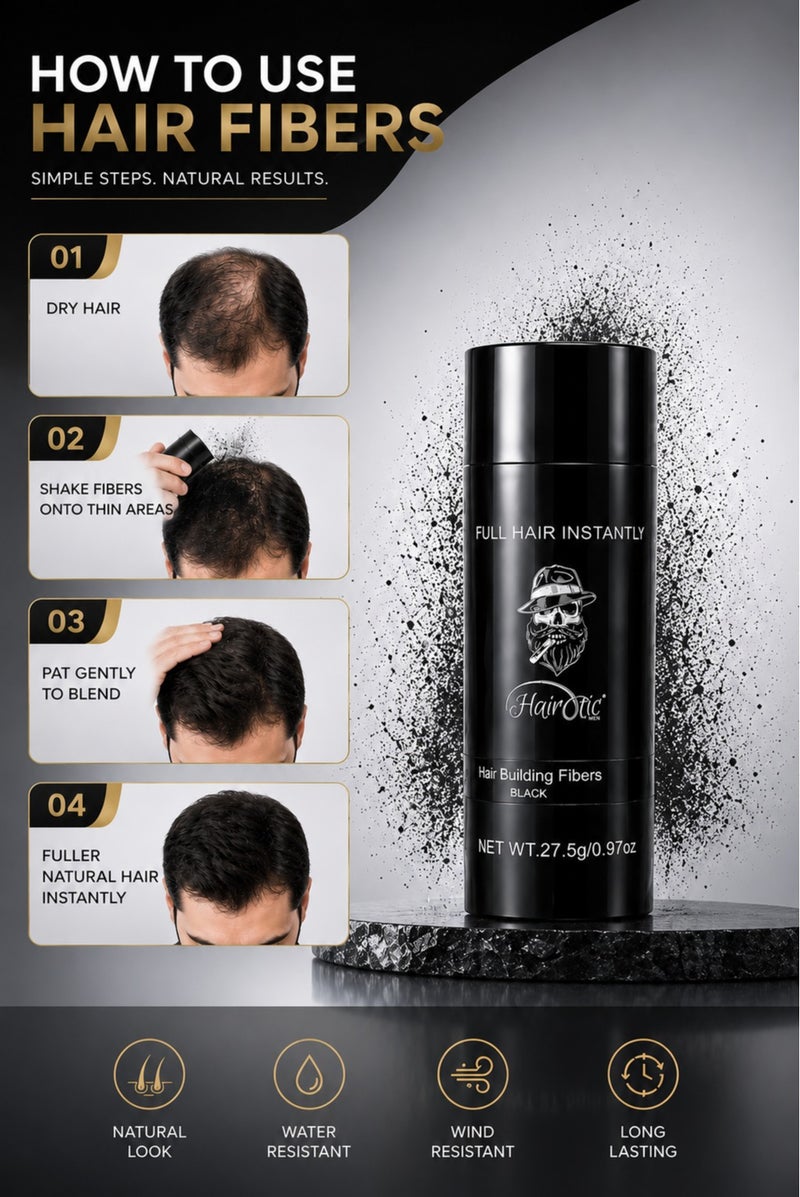 HAIROTIC Hair Building Fibers Black 27.5g – Instant Hair Thickening Powder for Men & Women – Conceals Thinning Hair & Bald Spots in Seconds – Natural Fuller Hair Look - Image 2