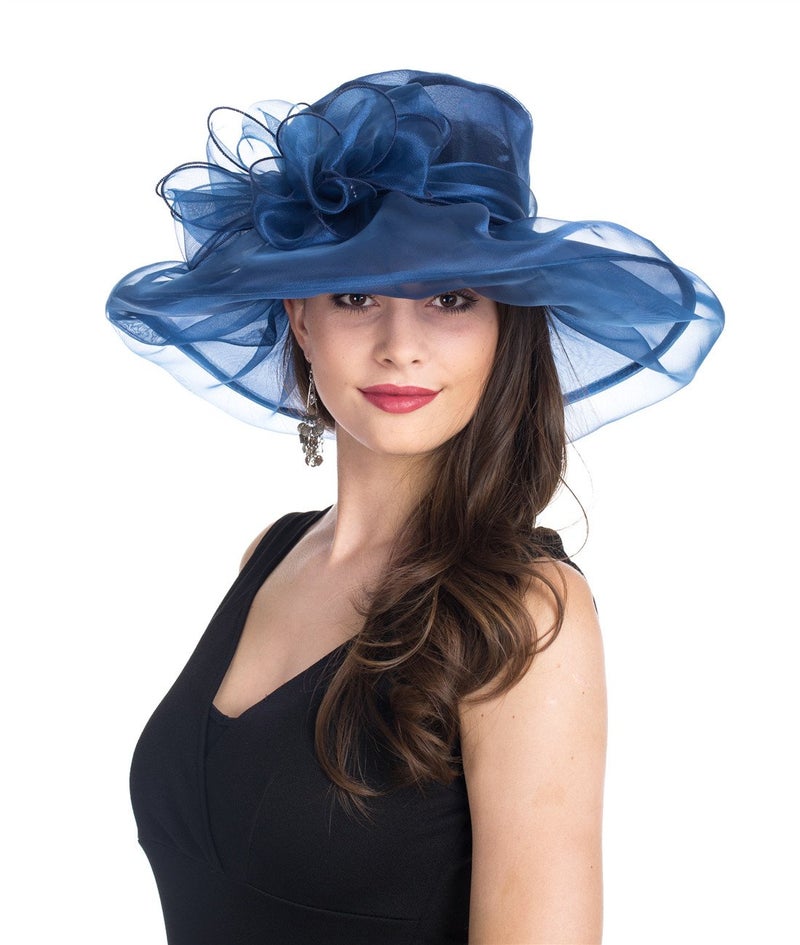 SAFERIN Women's Organza Church Derby Fascinator Bridal Tea Party Wedding Hat (Tz-Navy Bow)