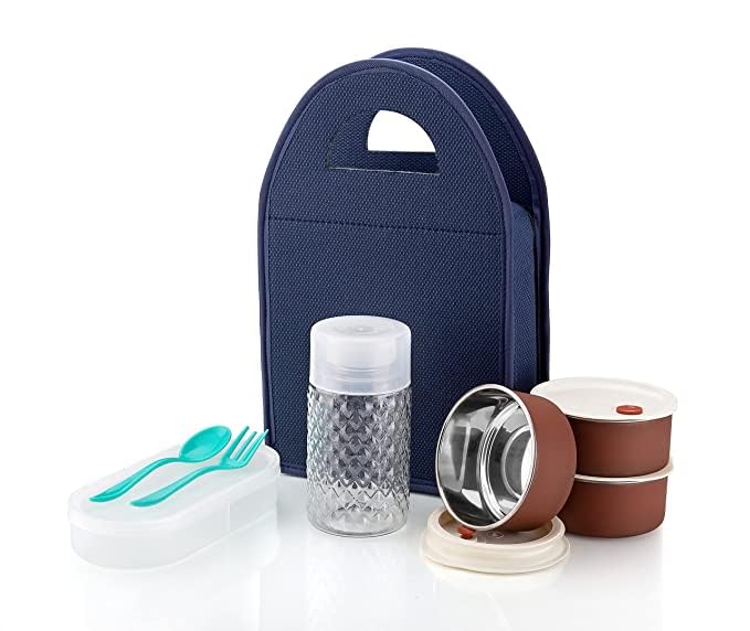 Fregi Fregi Pro Lunch Box with Steel Cutlery Inner Steel Containers with Plastic Chutney Dabba 100ml Steel Bottle with Insulated Bag Office Tiffin Blue Tiffin with Flat Cap