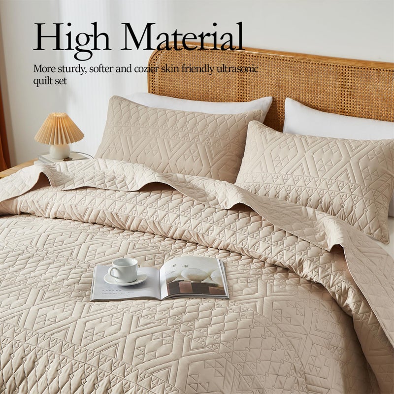 akkialla Full/Queen Size Quilt Bedding Set,Beige Lightweight Microfiber Soft Bedspread,Modern Style Geoetric Pattern Coverlet Set for All Seasons,3 Piece(1 Quilt,2 Pillow Shams) - Image 3