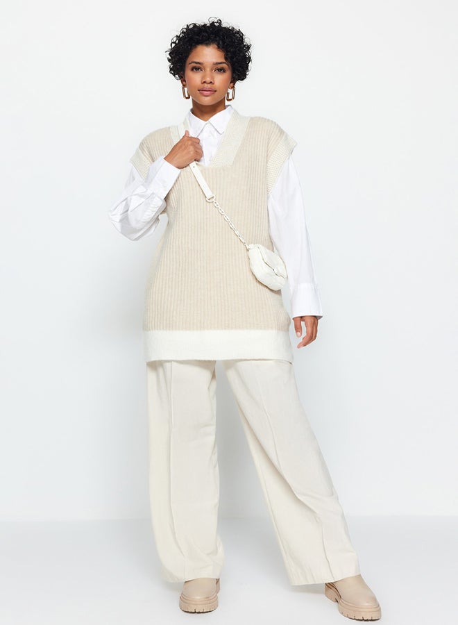 trendyol Stone Color Block V Neck Thessaloniki Knitwear Sweater - Image 3
