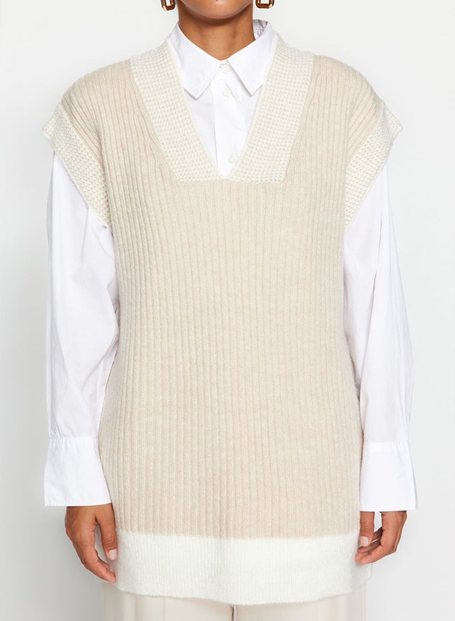trendyol Stone Color Block V Neck Thessaloniki Knitwear Sweater - Image 4