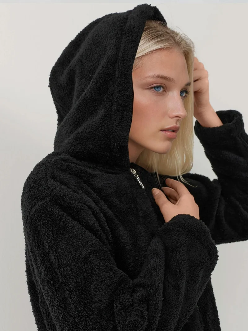 HICCUP Black Textured Full Zip Hooded Fleece Jacket for Women | Best Price UAE