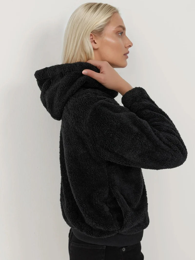 HICCUP Black Textured Full Zip Hooded Fleece Jacket for Women | Best Price UAE