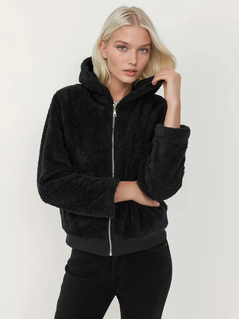 HICCUP Black Textured Full Zip Hooded Fleece Jacket for Women | Best Price UAE