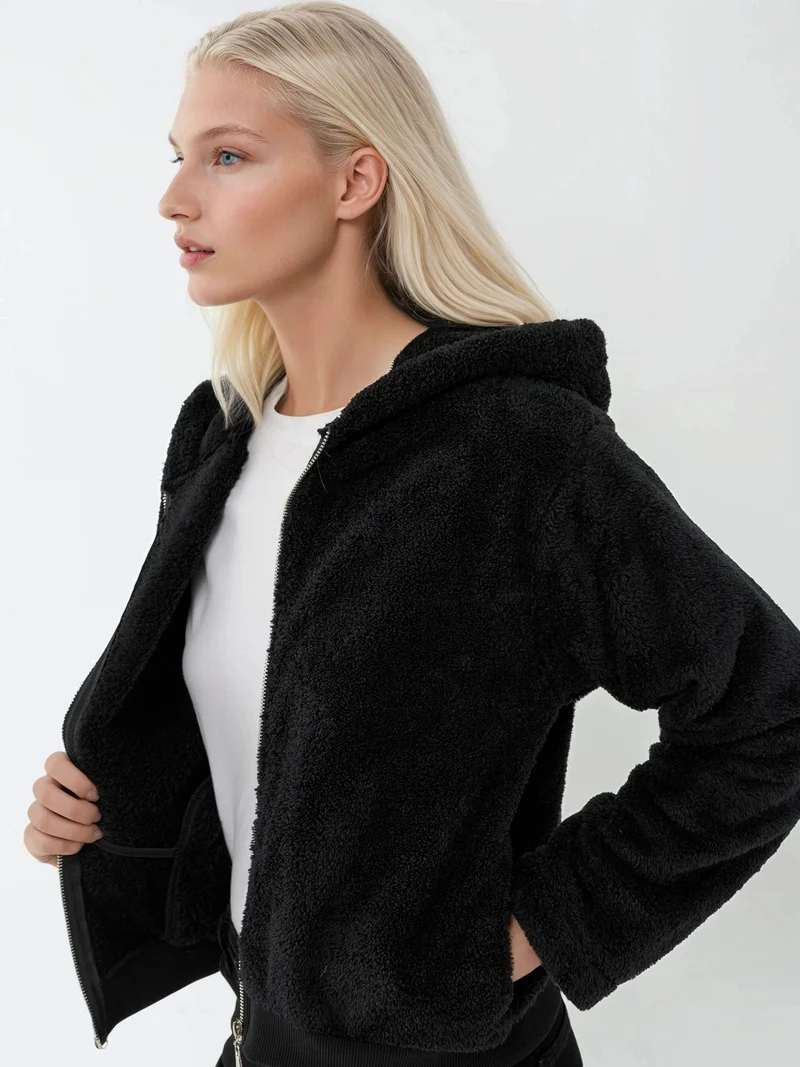 HICCUP Black Textured Full Zip Hooded Fleece Jacket for Women | Best Price UAE