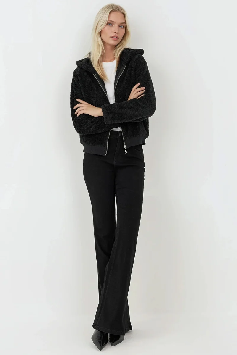 Hiccup Black Textured Full Zip Hooded Fleece Jacket for Women | Best Price UAE