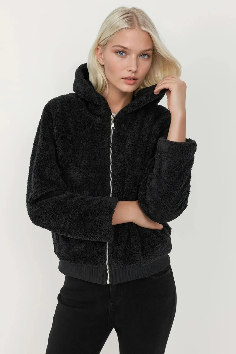 Hiccup Black Textured Full Zip Hooded Fleece Jacket for Women | Best Price UAE
