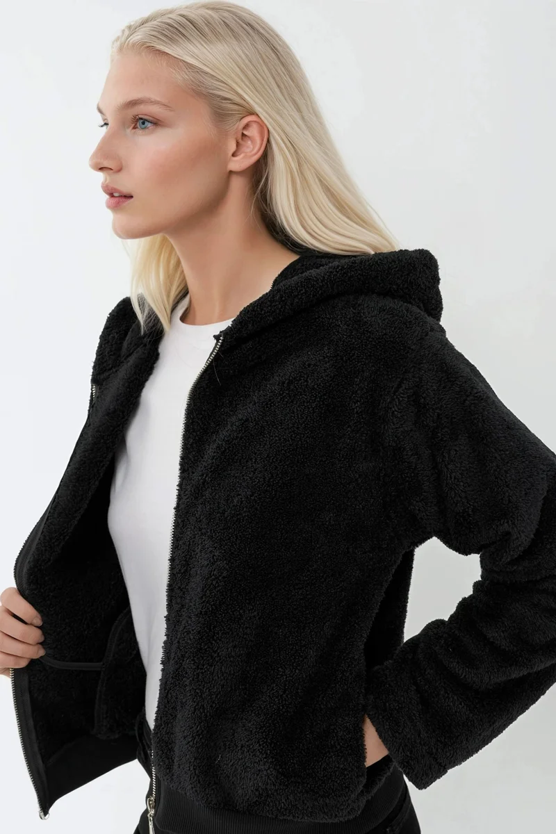 Hiccup Black Textured Full Zip Hooded Fleece Jacket for Women | Best Price UAE