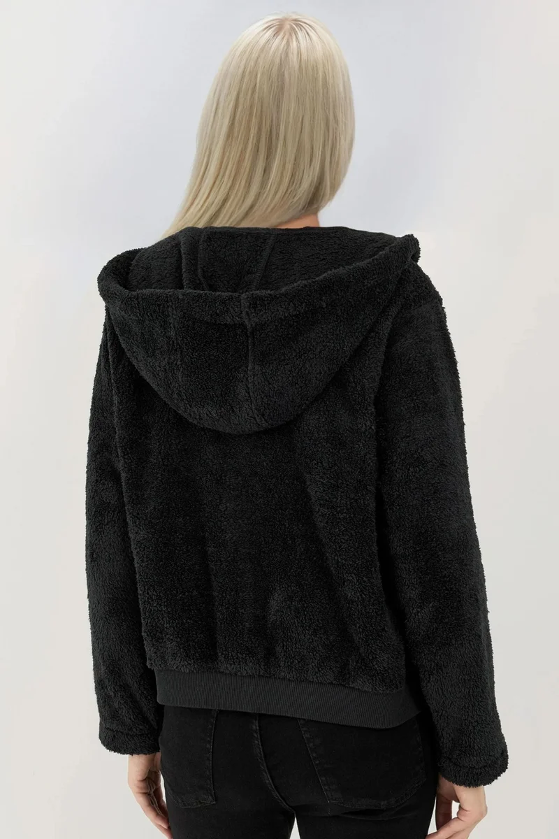 Hiccup Black Textured Full Zip Hooded Fleece Jacket for Women | Best Price UAE