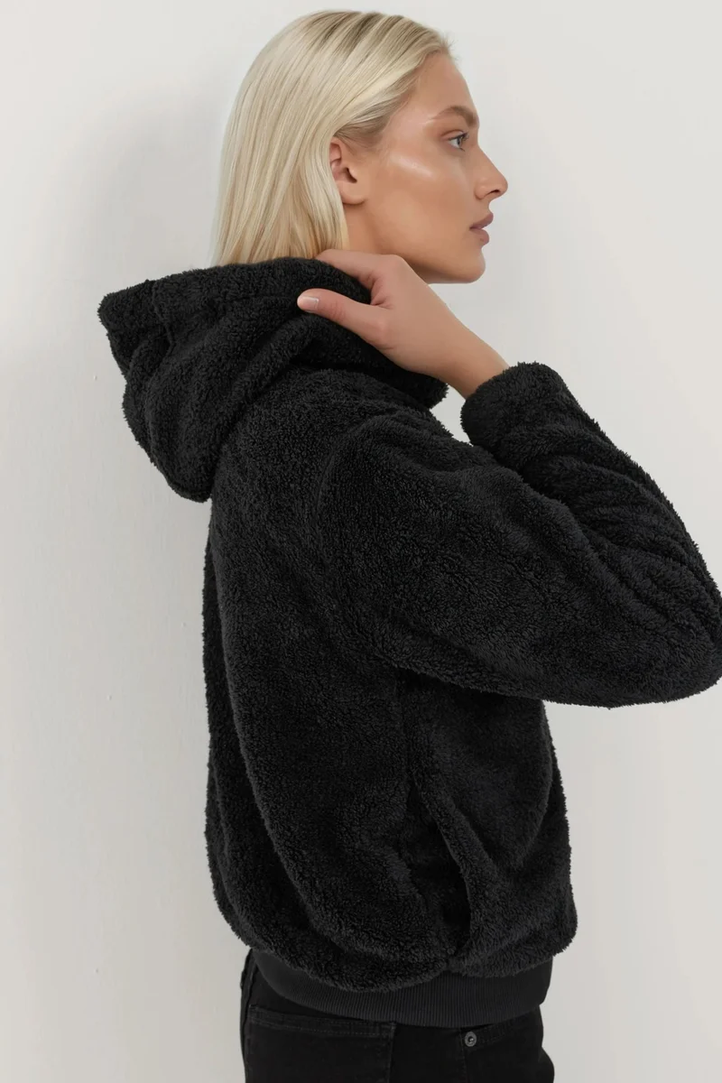 Hiccup Black Textured Full Zip Hooded Fleece Jacket for Women | Best Price UAE