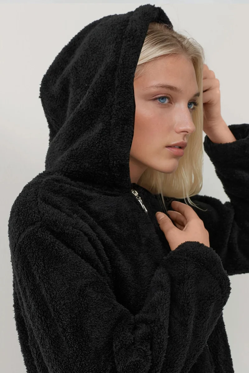 Hiccup Black Textured Full Zip Hooded Fleece Jacket for Women | Best Price UAE