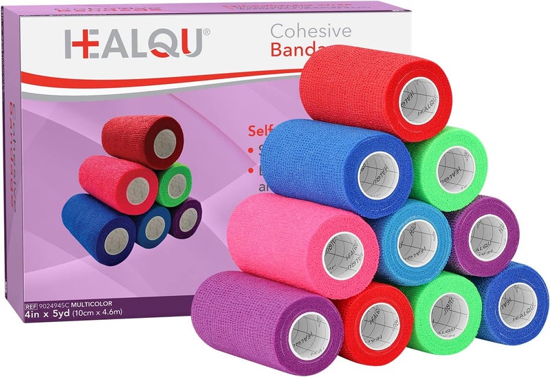 HEALQU شريط ضمادة لاصق ذاتي HEALQU لربط الرياضيين والألعاب الرياضية 4x5 ياردة 12 لفة شريط طبي لاصق مرن ضمادات مطاطية متعددة الألوان للمعصم والكاحل ولف للكلاب - Image 1