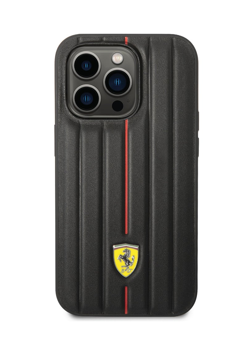 Ferrari Leather Case With Embossed Stripes & Yellow Shield Logo For iPhone 14 Pro Max - Black - Image 1