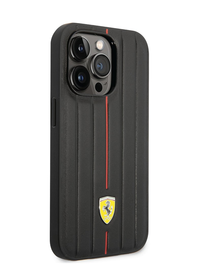 Ferrari Leather Case With Embossed Stripes & Yellow Shield Logo For iPhone 14 Pro Max - Black - Image 2