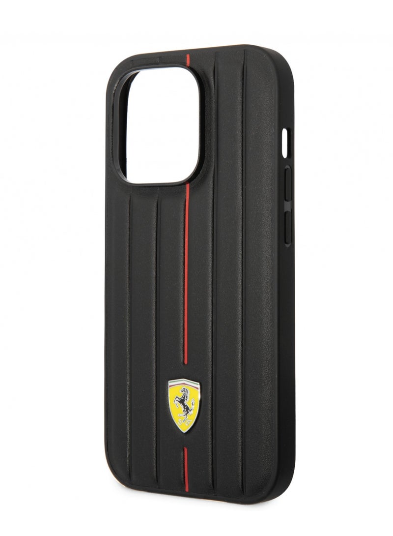 Ferrari Leather Case With Embossed Stripes & Yellow Shield Logo For iPhone 14 Pro Max - Black - Image 5