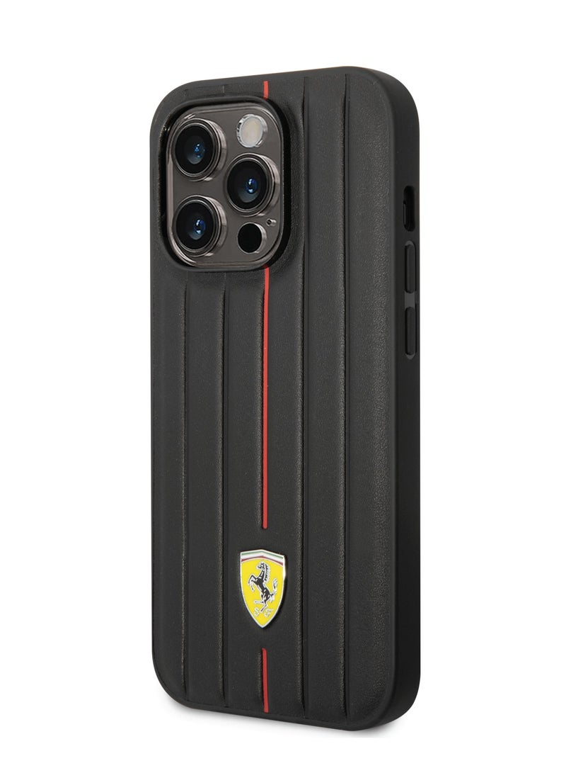 Ferrari Leather Case With Embossed Stripes & Yellow Shield Logo For iPhone 14 Pro Max - Black - Image 3